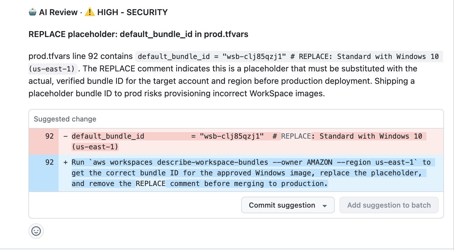 AI Review HIGH security finding with suggested fix